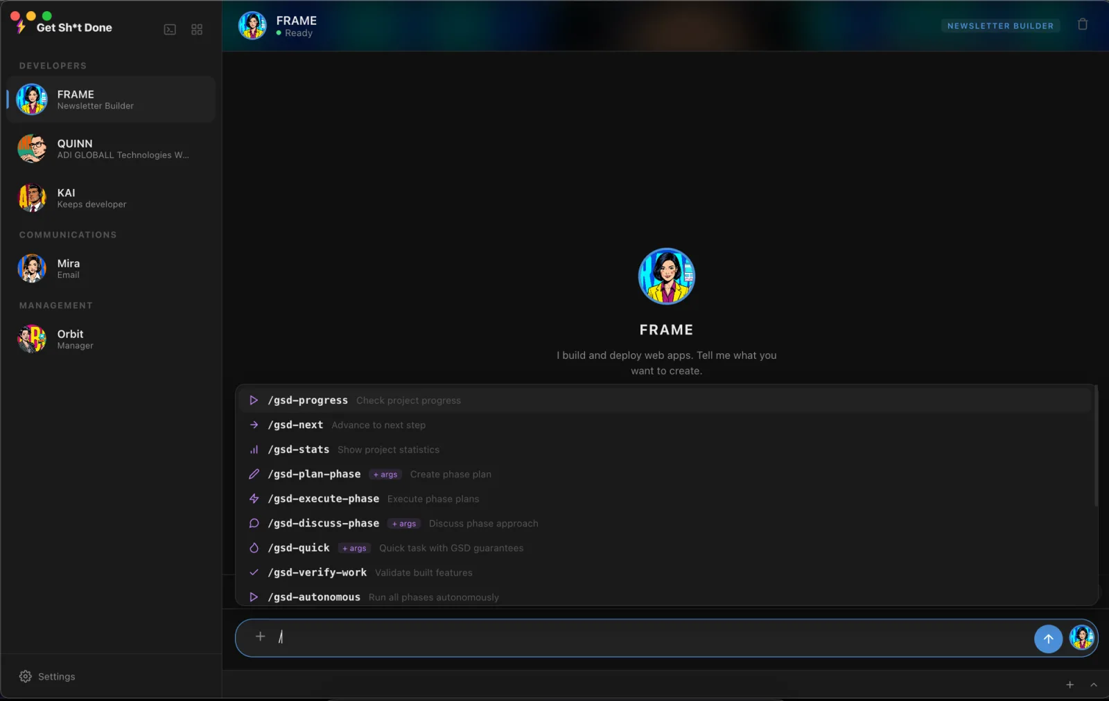The app's sidebar listing Minds grouped under Developers, Communications and Management
