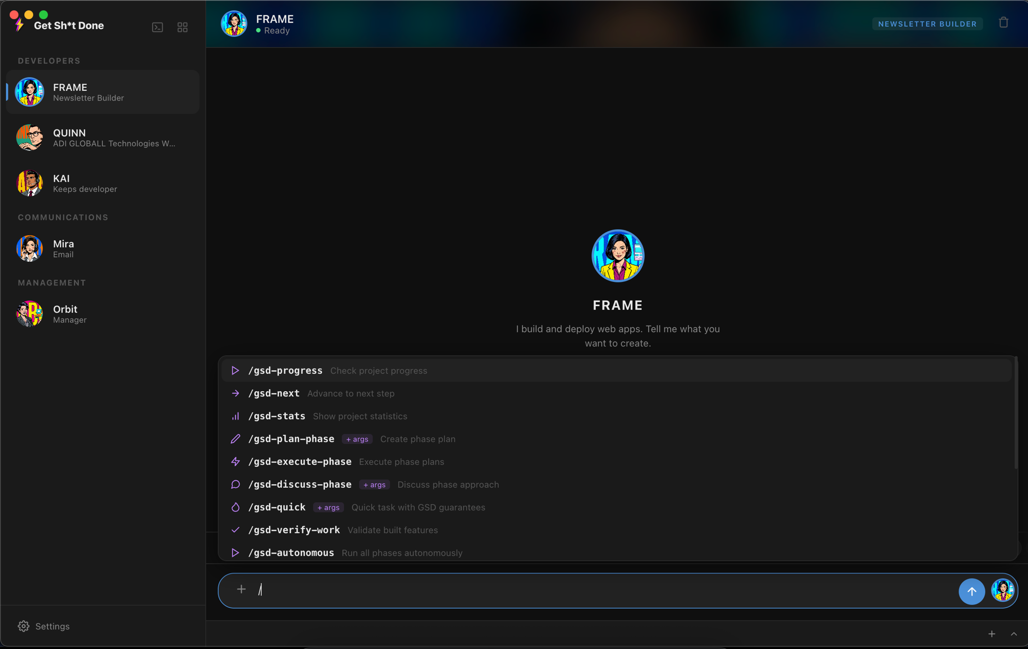 Your AI team dashboard showing active projects and progress