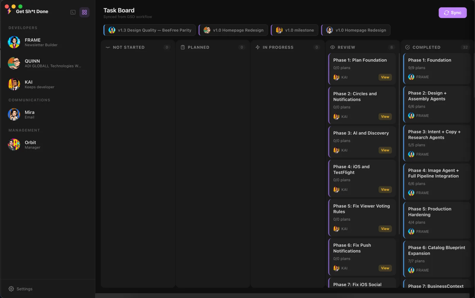 The task board, with work sitting in Not started, Planned, In progress, Review and Completed columns